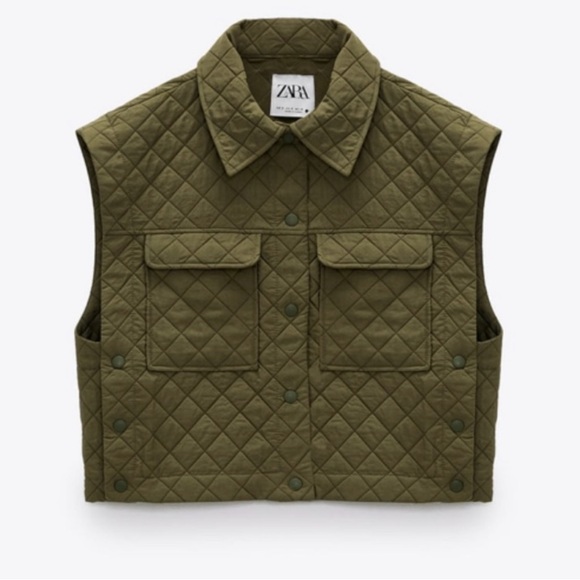 WOMENS  ZARA QUILTED GREEN ARMY VEST JACKET SZ SMALL - Picture 2 of 10